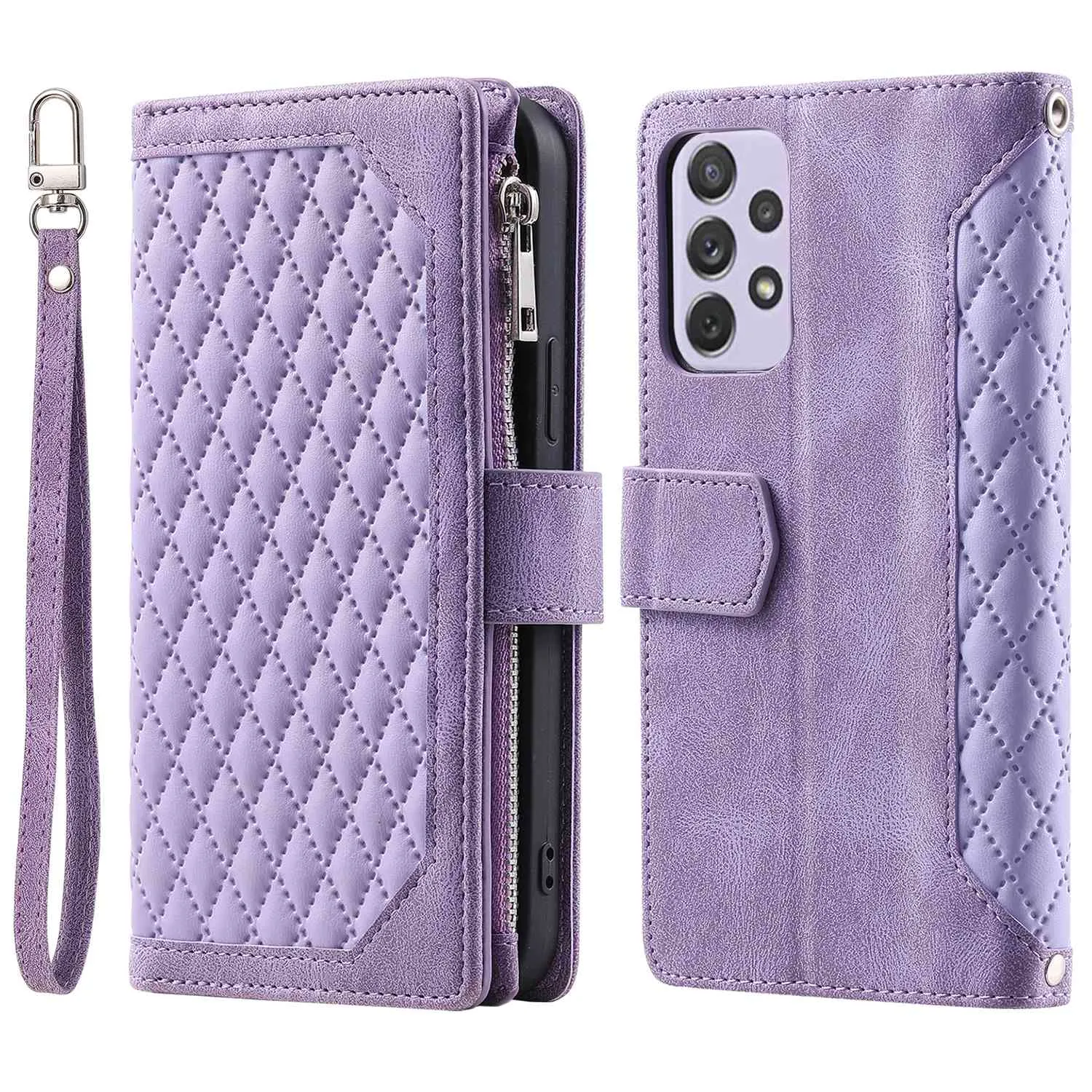 005 Phone Covering Shell for Samsung Galaxy A52s 5G  /  A52 5G / 4G, Rhombus Grid Textured PU Leather Phone Case Zipper Pocket Stand Wallet with Strap