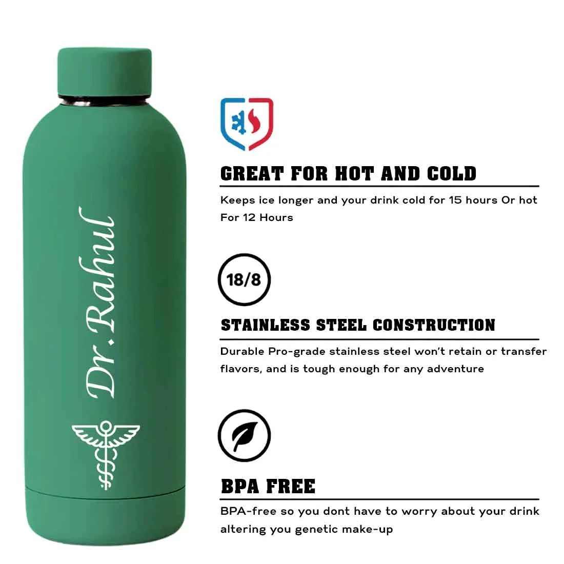 Custom Insulated Water Bottles for Doctors - Stainless Steel, BPA-Free, Leakproof Water Bottles for Travel, Hospital, Gym, and Home