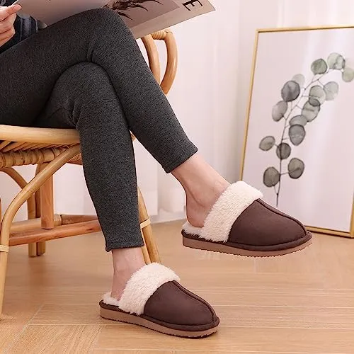 Litfun Women's Fuzzy Memory Foam Slippers Fluffy Winter House Shoes Indoor and Outdoor, Brown 7-7.5