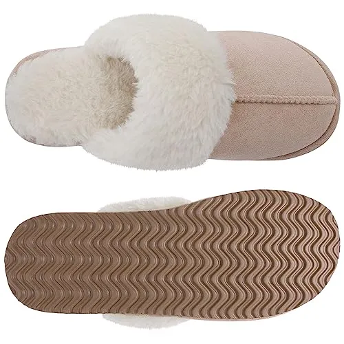 Litfun Women's Fuzzy Memory Foam Slippers Fluffy Winter House Shoes Indoor and Outdoor, Brown 7-7.5