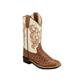 Old West Kid's Ostrich Print Square Toe Brown Boots