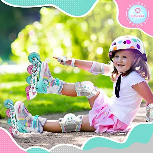SULIFEEL Rainbow Unicorn Inline Skates for Girls Boys 4 Size Adjustable Light up Wheels Skates for Kids Beginner Small