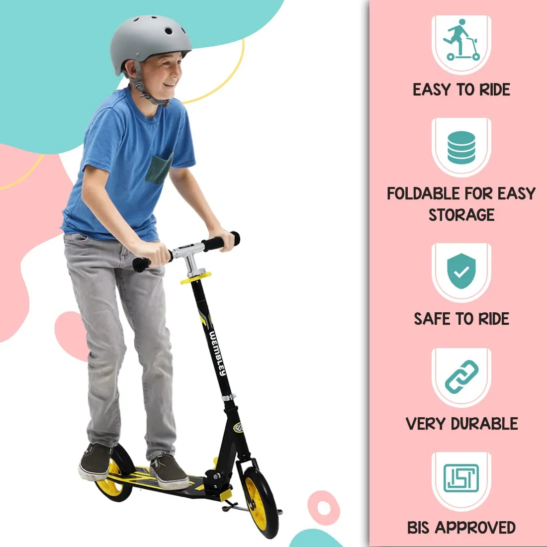 Wembley Kick Scooter for Kids | 2 Wheels Steel Frame Foldable and 3 Adjustable Height | Skating Cycle for Kids 6-12 to 14 Years Boys Girls - Yellow BIS Certified - Capacity 50kg
