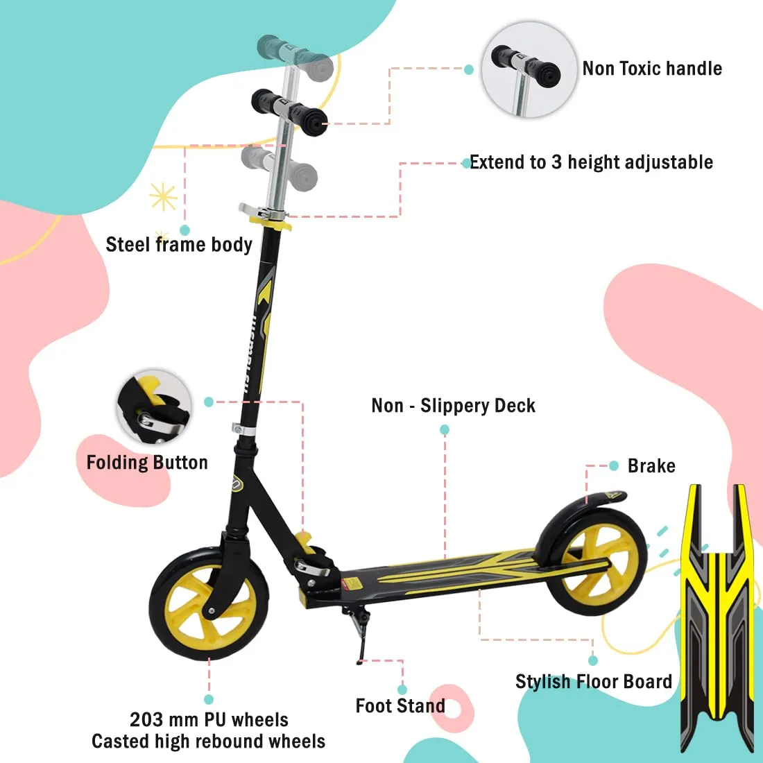 Wembley Kick Scooter for Kids | 2 Wheels Steel Frame Foldable and 3 Adjustable Height | Skating Cycle for Kids 6-12 to 14 Years Boys Girls - Yellow BIS Certified - Capacity 50kg