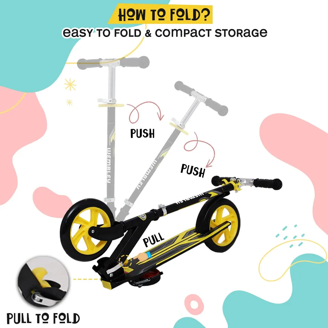 Wembley Kick Scooter for Kids | 2 Wheels Steel Frame Foldable and 3 Adjustable Height | Skating Cycle for Kids 6-12 to 14 Years Boys Girls - Yellow BIS Certified - Capacity 50kg