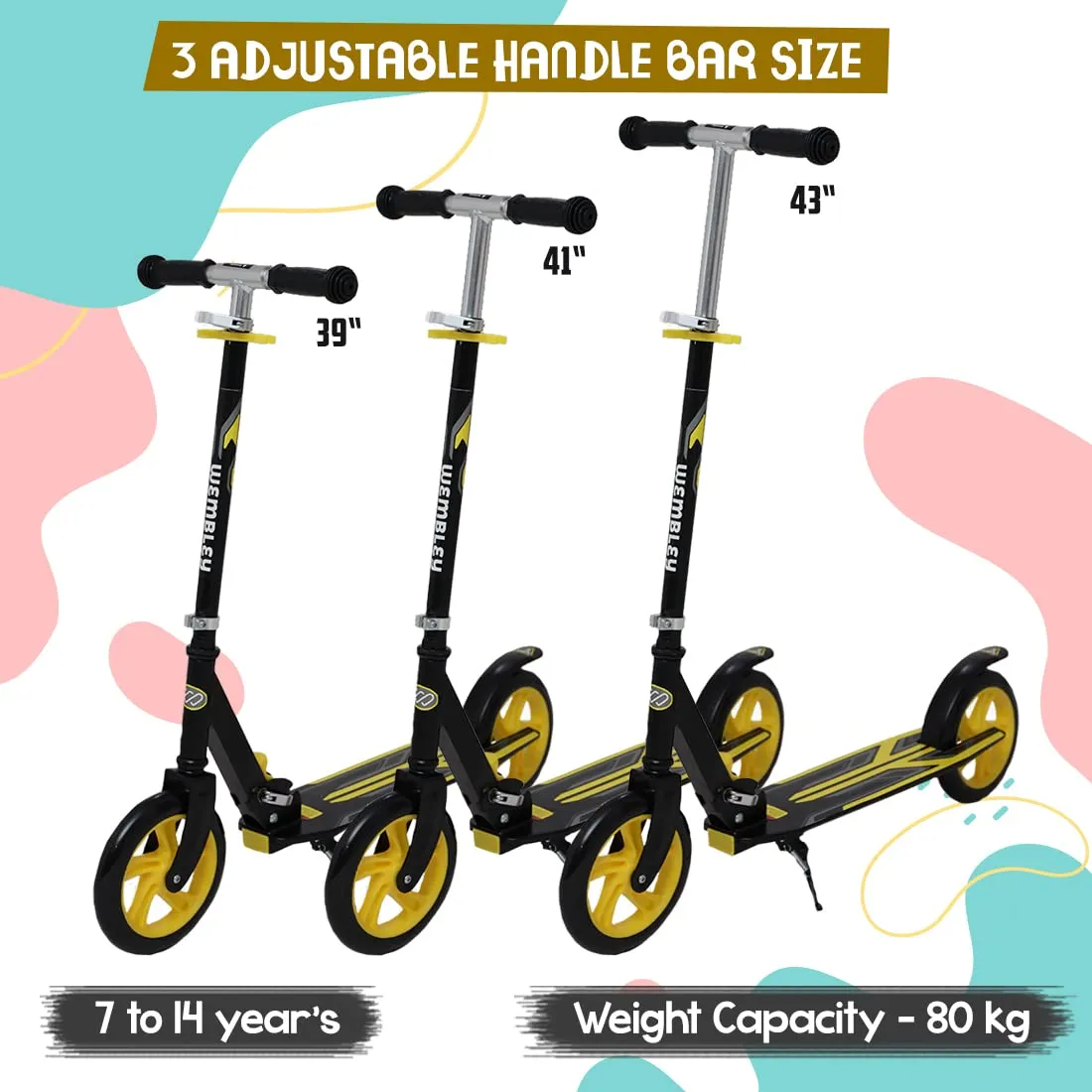 Wembley Kick Scooter for Kids | 2 Wheels Steel Frame Foldable and 3 Adjustable Height | Skating Cycle for Kids 6-12 to 14 Years Boys Girls - Yellow BIS Certified - Capacity 50kg