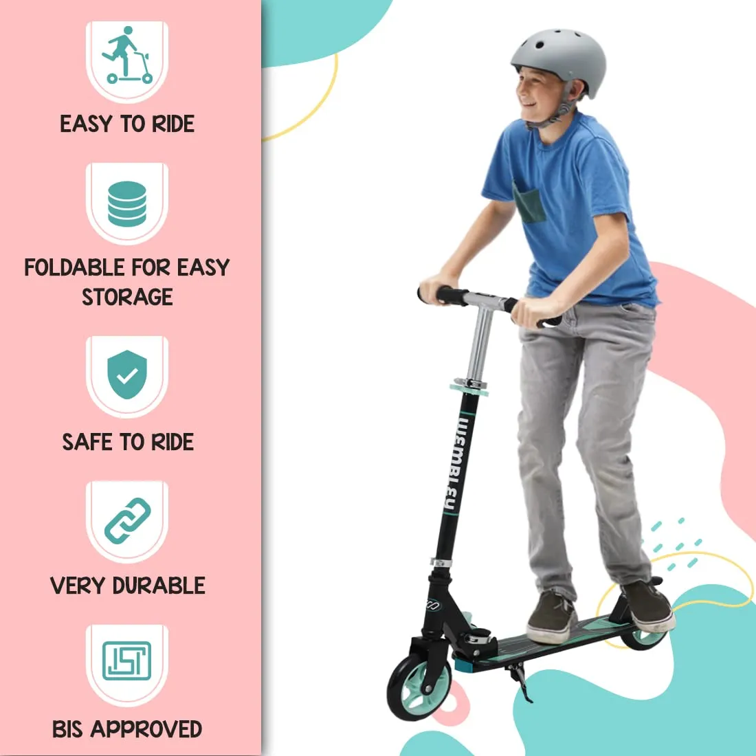 Wembley Kick Scooter for Kids 5  Years | 2 Wheels Steel Frame Foldable and 3 Adjustable Height | Skating Cycle Kids Scooter 5 to 10, 12 Years Boys Girls - Blue BIS Certified - Capacity 50kg