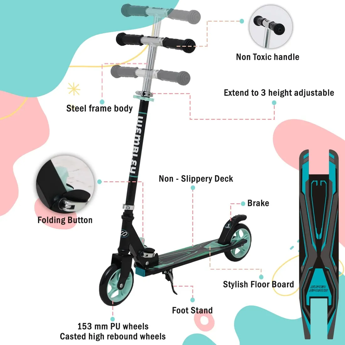 Wembley Kick Scooter for Kids 5  Years | 2 Wheels Steel Frame Foldable and 3 Adjustable Height | Skating Cycle Kids Scooter 5 to 10, 12 Years Boys Girls - Blue BIS Certified - Capacity 50kg