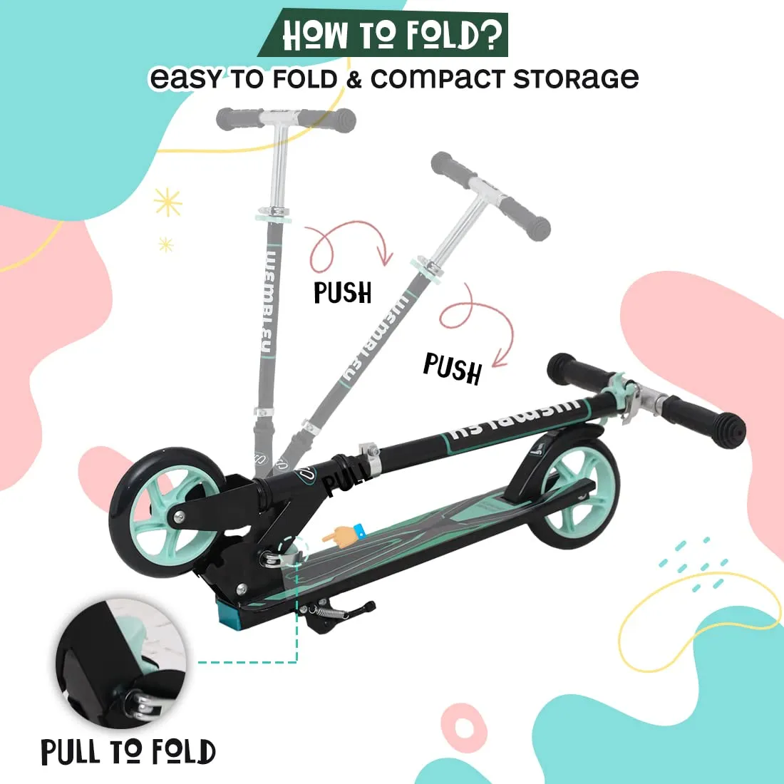 Wembley Kick Scooter for Kids 5  Years | 2 Wheels Steel Frame Foldable and 3 Adjustable Height | Skating Cycle Kids Scooter 5 to 10, 12 Years Boys Girls - Blue BIS Certified - Capacity 50kg