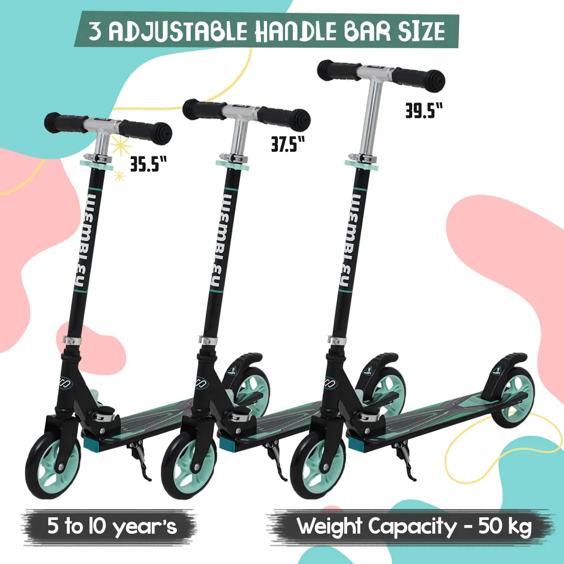 Wembley Kick Scooter for Kids 5  Years | 2 Wheels Steel Frame Foldable and 3 Adjustable Height | Skating Cycle Kids Scooter 5 to 10, 12 Years Boys Girls - Blue BIS Certified - Capacity 50kg